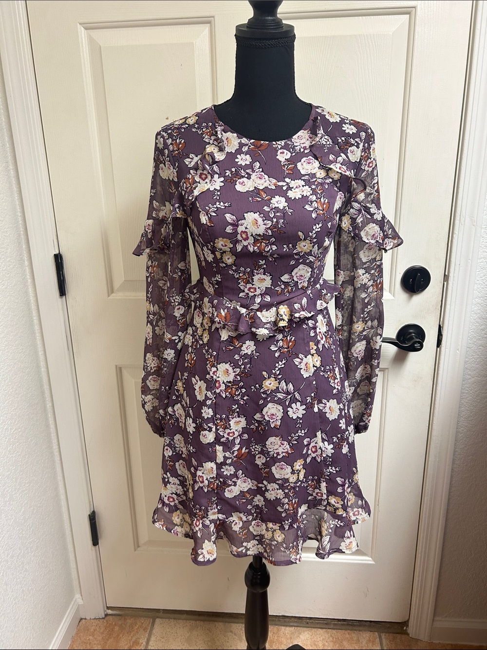 ASTR Floral Ruffle Chiffon
Mini Dress XS Purple Semi Sheer Long Sleeve Romantic